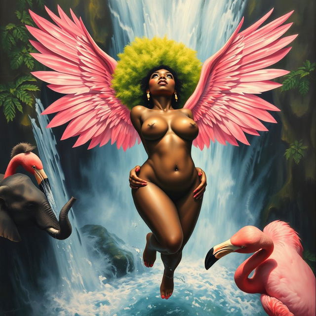 A polished, oil-based painting depicting an aerial view of a full nude body of a gorgeous black woman with a bright green tree afro and pink flamingo wings