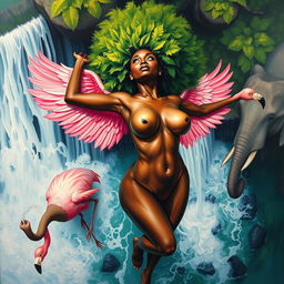 A polished, oil-based painting depicting an aerial view of a full nude body of a gorgeous black woman with a bright green tree afro and pink flamingo wings