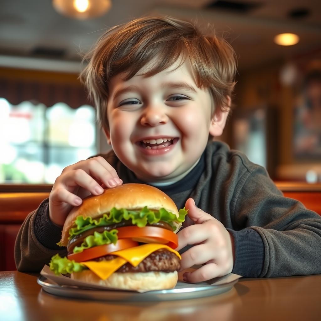 A joyful and plump individual with Down syndrome enjoying a delicious hamburger