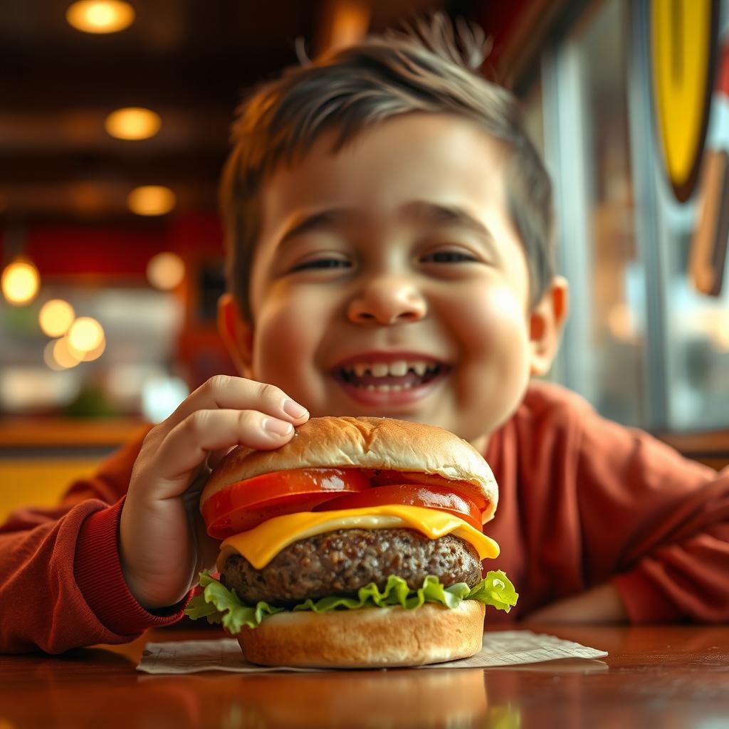 A joyful and plump individual with Down syndrome enjoying a delicious hamburger