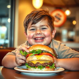 A joyful and plump individual with Down syndrome enjoying a delicious hamburger