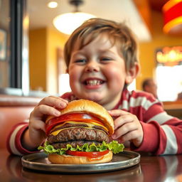 A joyful and plump individual with Down syndrome enjoying a delicious hamburger