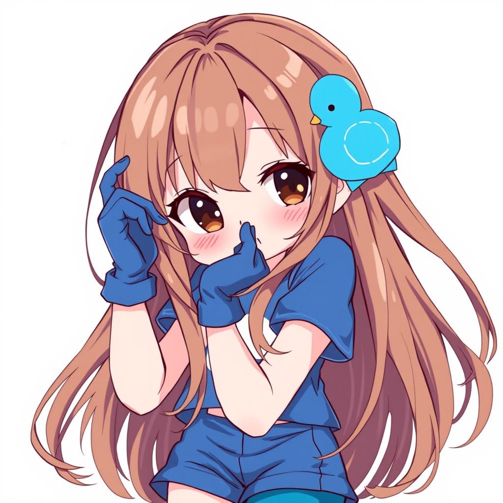 Anime-style illustration of a girl with loose brown hair, featuring a blue duck hair clip