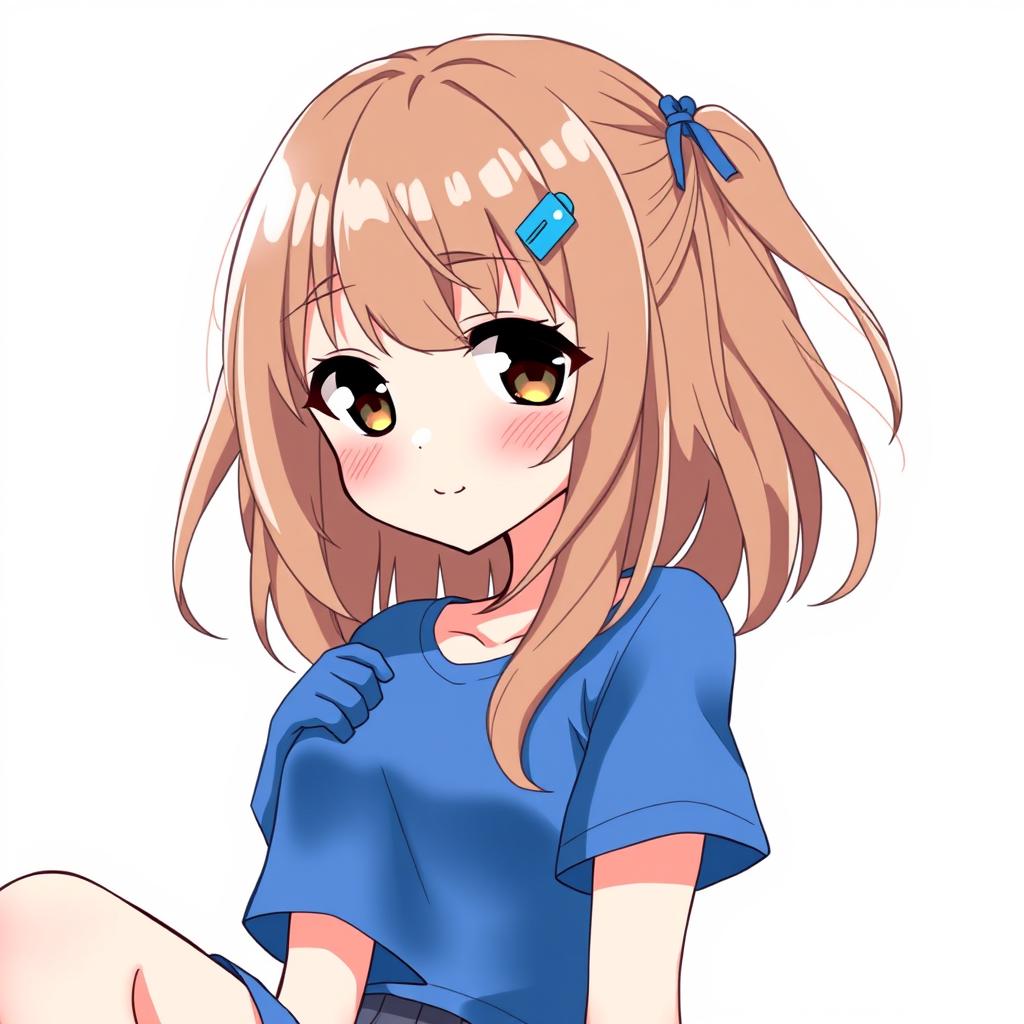 Anime-style illustration of a girl with loose brown hair, featuring a blue duck hair clip