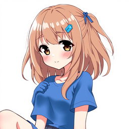 Anime-style illustration of a girl with loose brown hair, featuring a blue duck hair clip