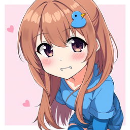 Anime-style illustration of a girl with loose brown hair, featuring a blue duck hair clip