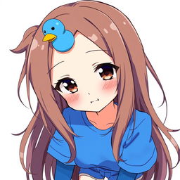 Anime-style illustration of a girl with loose brown hair, featuring a blue duck hair clip