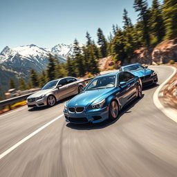 A thrilling race between a Mercedes-Benz E55 AMG and a BMW M5 on a winding mountain road