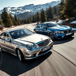 A thrilling race between a Mercedes-Benz E55 AMG and a BMW M5 on a winding mountain road