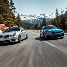 A thrilling race between a Mercedes-Benz E55 AMG and a BMW M5 on a winding mountain road