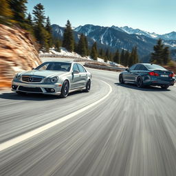 A thrilling race between a Mercedes-Benz E55 AMG and a BMW M5 on a winding mountain road