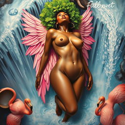 A polished, oil-based painting depicting an aerial view of a full nude body of a gorgeous black woman with a bright green tree afro and pink flamingo wings