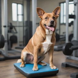 A well-muscled dog using gym equipment for a fun-filled workout. The gym is filled with various exercise equipment suited for its workout routine.