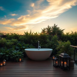 A serene and luxurious outdoor bathroom setting, featuring a modern freestanding bathtub surrounded by lush greenery