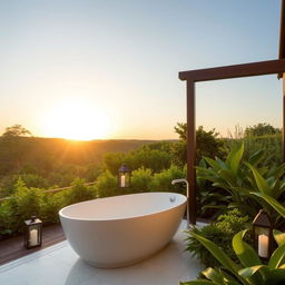 A serene and luxurious outdoor bathroom setting, featuring a modern freestanding bathtub surrounded by lush greenery