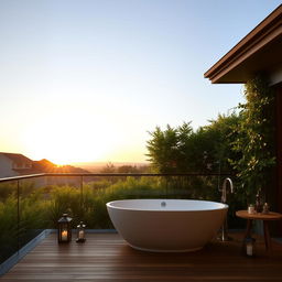 A serene and luxurious outdoor bathroom setting, featuring a modern freestanding bathtub surrounded by lush greenery