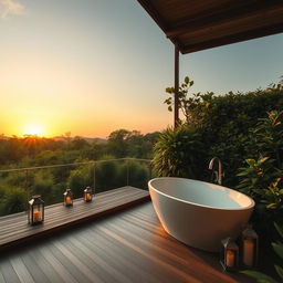 A serene and luxurious outdoor bathroom setting, featuring a modern freestanding bathtub surrounded by lush greenery