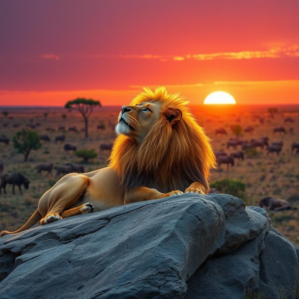 A majestic lion awakes at dawn, with the morning sunlight casting a golden hue on its lush mane