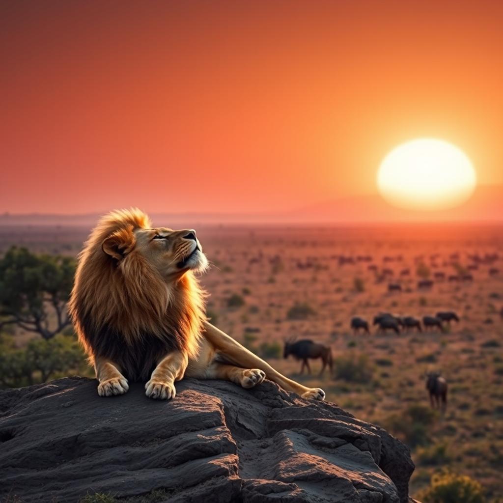 A majestic lion awakes at dawn, with the morning sunlight casting a golden hue on its lush mane