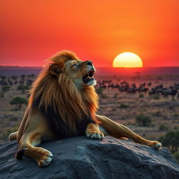 A majestic lion awakes at dawn, with the morning sunlight casting a golden hue on its lush mane