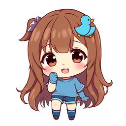 Chibi anime-style illustration of a girl with loose brown hair, adorned with a blue duck hair clip