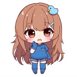 Chibi anime-style illustration of a girl with loose brown hair, adorned with a blue duck hair clip