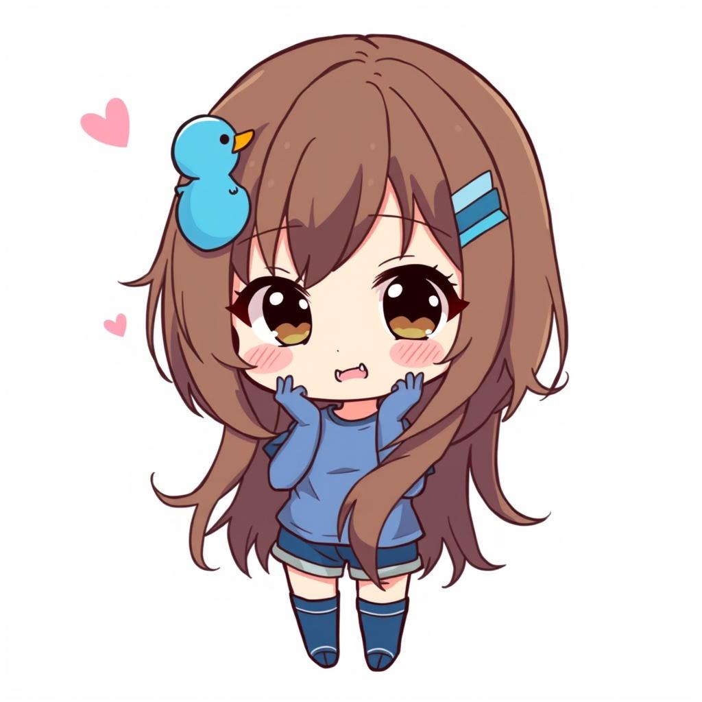 Chibi anime-style illustration of a girl with loose brown hair, adorned with a blue duck hair clip