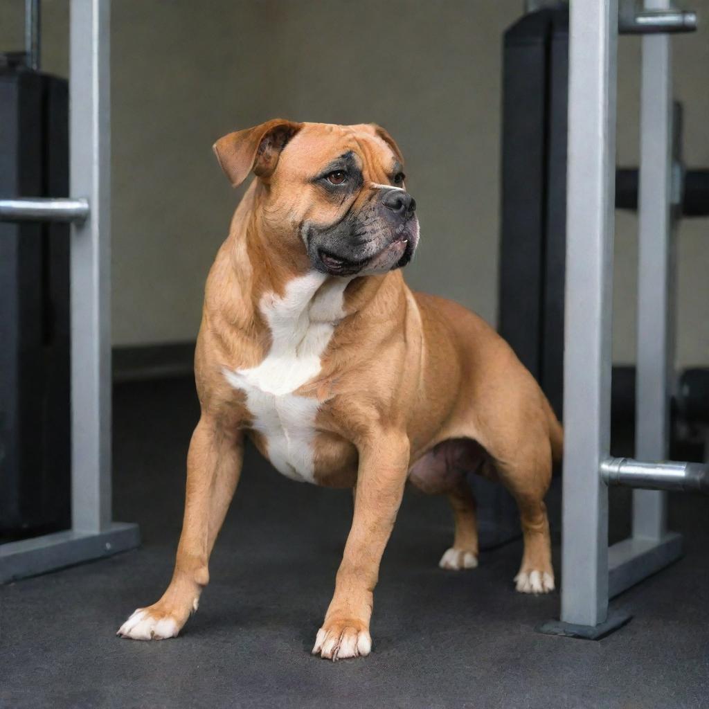 A well-muscled dog using gym equipment for a fun-filled workout. The gym is filled with various exercise equipment suited for its workout routine.