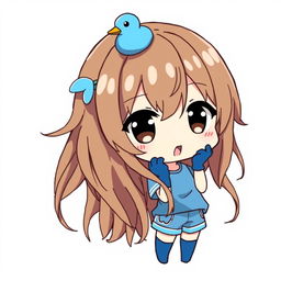 Chibi anime-style illustration of a girl with loose brown hair, adorned with a blue duck hair clip