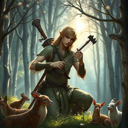 A very beautiful male forest elf playing a lyre in a mystical forest with silver trees