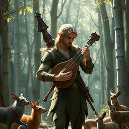 A very beautiful male forest elf playing a lyre in a mystical forest with silver trees