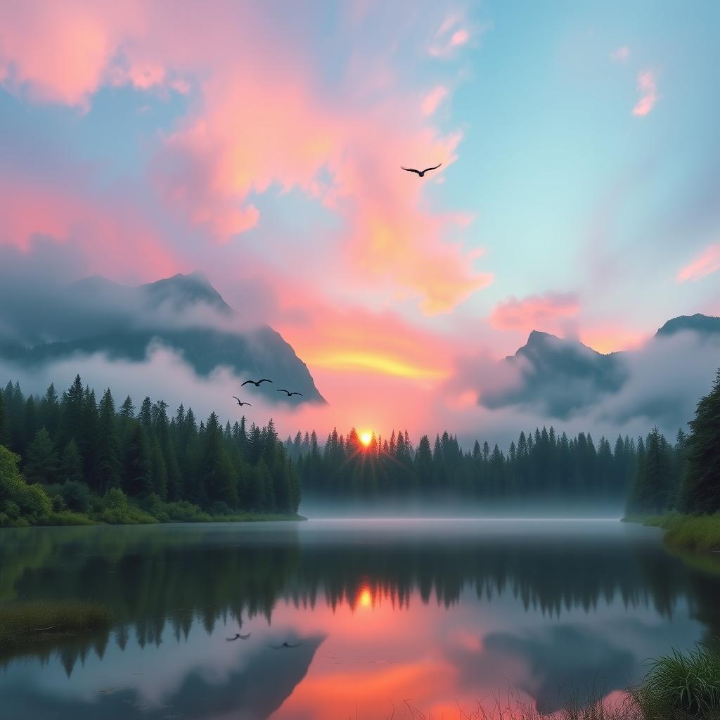 A mystical serene landscape depicting sunrise over a calm lake surrounded by lush green forest and towering mountains