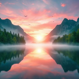 A mystical serene landscape depicting sunrise over a calm lake surrounded by lush green forest and towering mountains