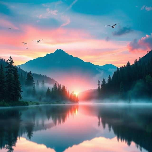 A mystical serene landscape depicting sunrise over a calm lake surrounded by lush green forest and towering mountains