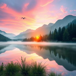 A mystical serene landscape depicting sunrise over a calm lake surrounded by lush green forest and towering mountains