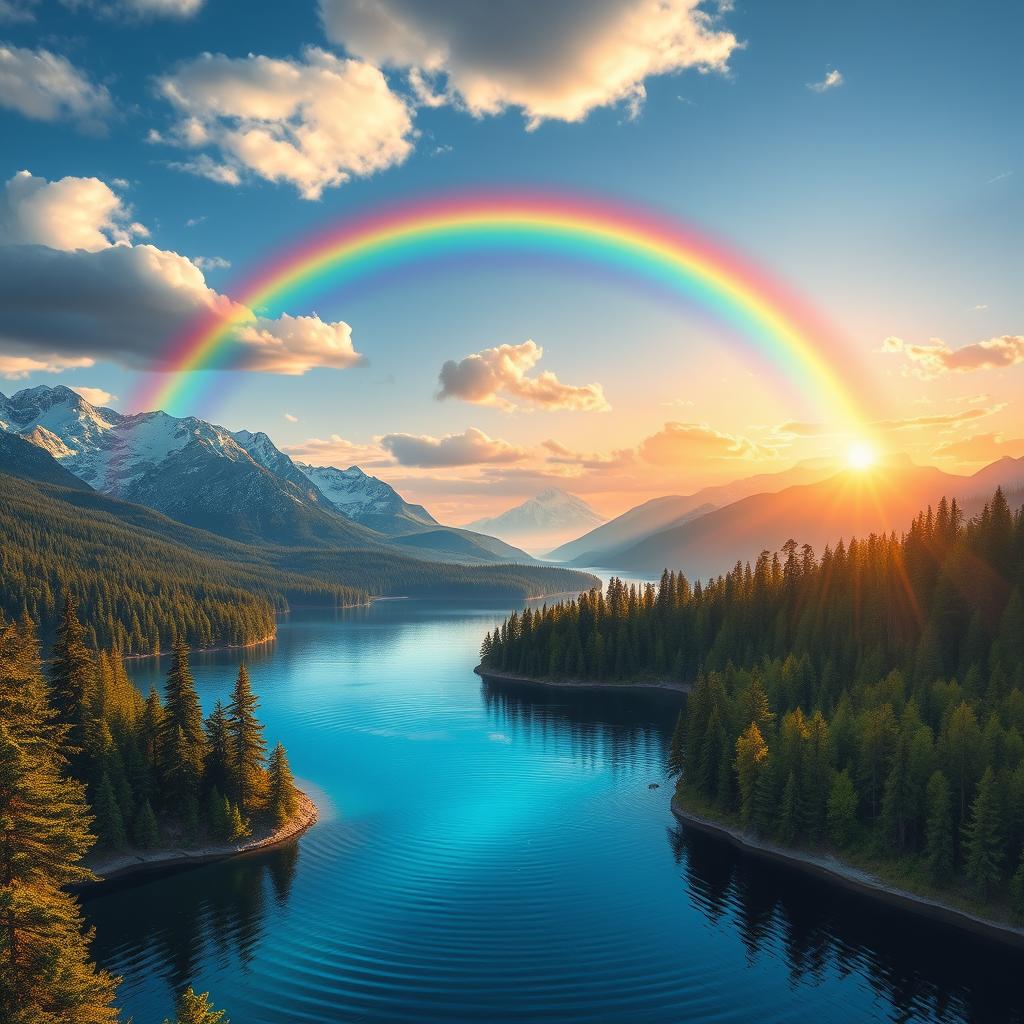 A surreal landscape with fantasy elements, featuring a vibrant rainbow arching over a crystal clear lake surrounded by lush green forests