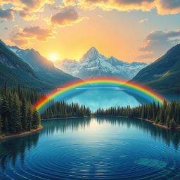 A surreal landscape with fantasy elements, featuring a vibrant rainbow arching over a crystal clear lake surrounded by lush green forests