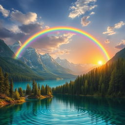 A surreal landscape with fantasy elements, featuring a vibrant rainbow arching over a crystal clear lake surrounded by lush green forests