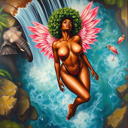 A polished, oil-based painting depicting an aerial view of a full nude body of a gorgeous black woman with a bright green tree afro and pink flamingo wings