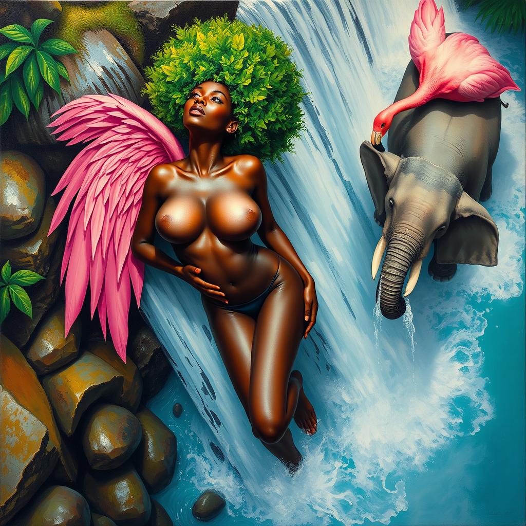 A polished, oil-based painting depicting an aerial view of a full nude body of a gorgeous black woman with a bright green tree afro and pink flamingo wings