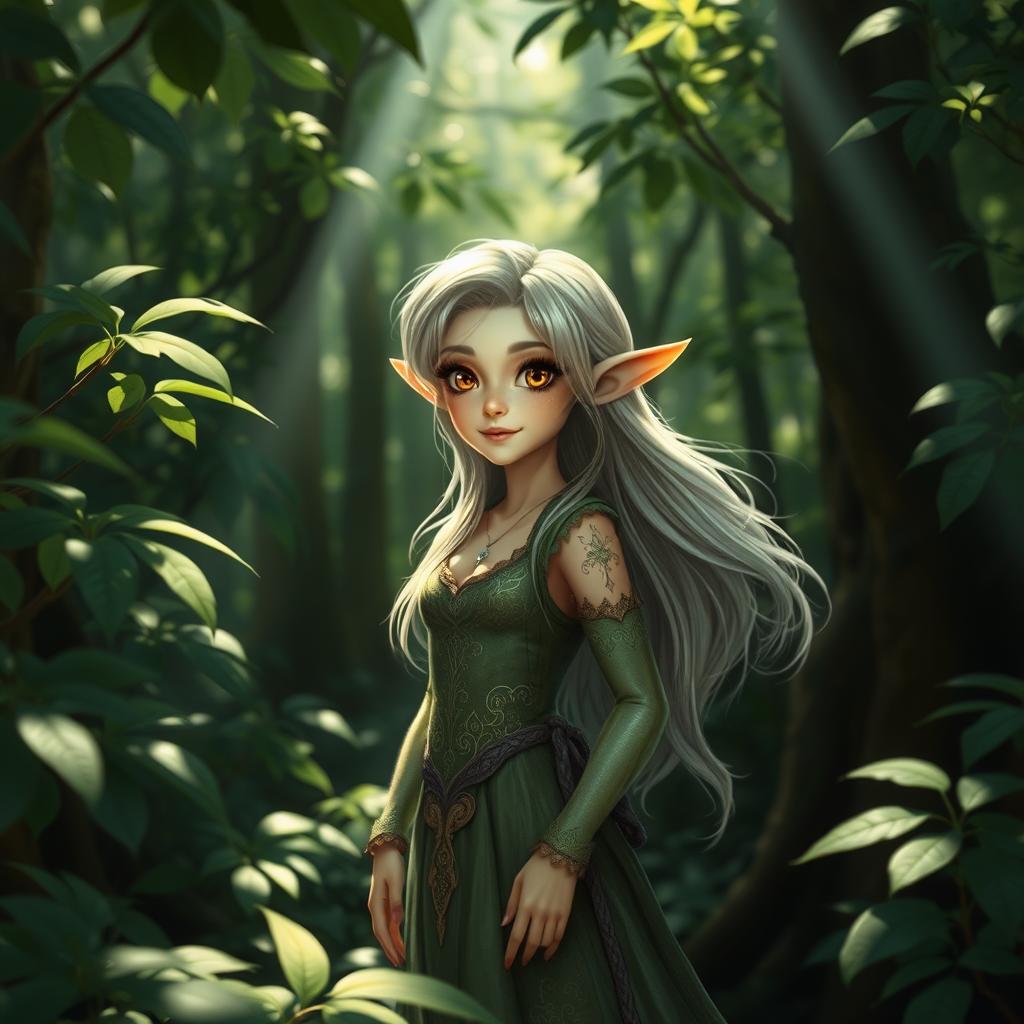 A magical and enchanting elf standing amidst a lush forest