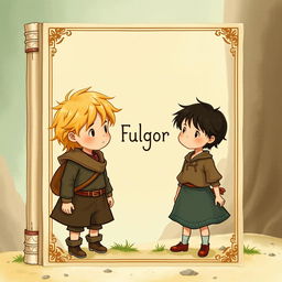 A captivating book cover illustration depicting two children, one taller with blonde hair and one shorter with dark hair, symbolizing a heartfelt story titled 'Fulgor