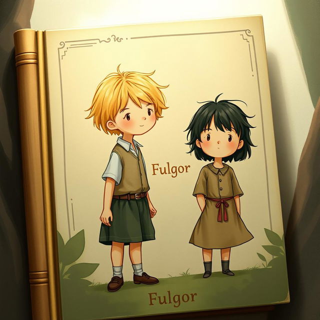 A captivating book cover illustration depicting two children, one taller with blonde hair and one shorter with dark hair, symbolizing a heartfelt story titled 'Fulgor