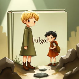 A captivating book cover illustration depicting two children, one taller with blonde hair and one shorter with dark hair, symbolizing a heartfelt story titled 'Fulgor