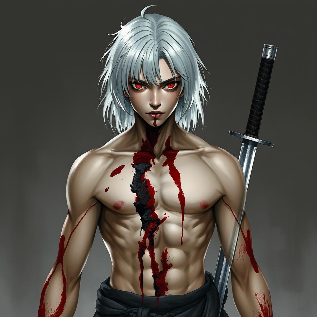 Concept art of a young man with red eyes and black sclera, featuring medium-length, platinum-white hair