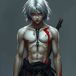 Concept art of a young man with red eyes and black sclera, featuring medium-length, platinum-white hair