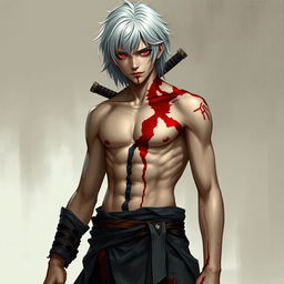 Concept art of a young man with red eyes and black sclera, featuring medium-length, platinum-white hair