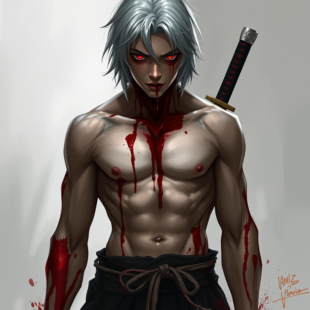 Concept art of a young man with red eyes and black sclera, featuring medium-length, platinum-white hair