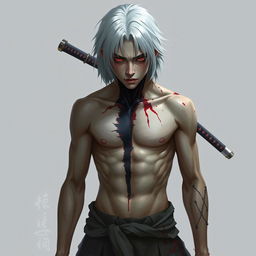 Concept art of a young man with red eyes and black sclera, featuring medium-length, platinum-white hair