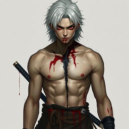 Concept art of a young man with red eyes and black sclera, featuring medium-length, platinum-white hair